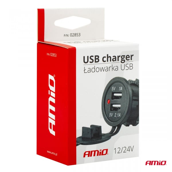 Vandtæt oplader med 2x USB-stik 12V 24V MOD-03 AMIO-02853