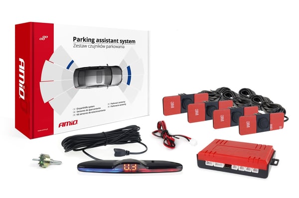 Pysäköintitutkasarja, peruutustutkat MAX LED, 4 anturia, musta, sisäinen, 16,5 mm AMIO-02291