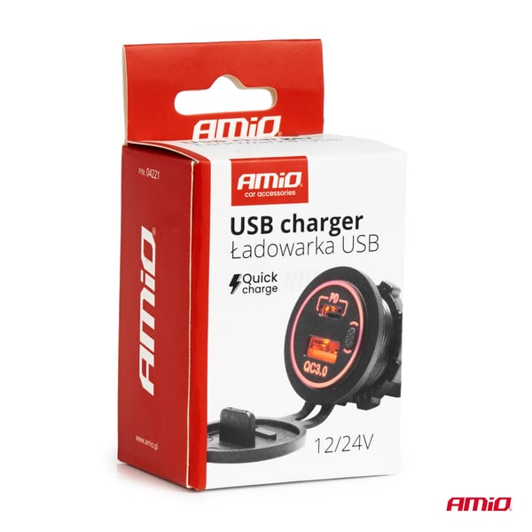 Biloplader med USB-stik vandtæt USB + USB-C QC3.0 12V 24V AMIO-04221