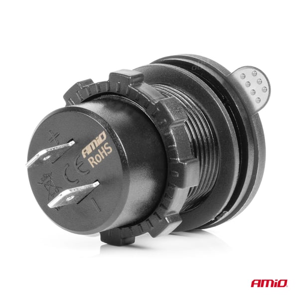 Autolaturi USB-liitännöillä ja jännitteenkoettimilla, vedenpitävä, 2x USB-C 12V 24V AMIO-04225