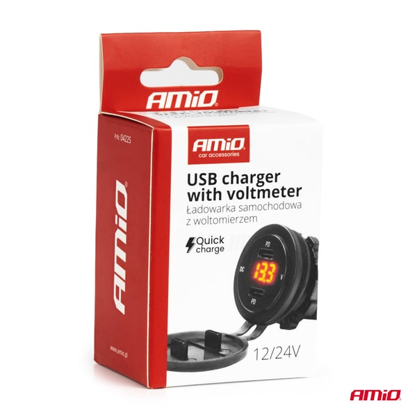 Autolaturi USB-liitännöillä ja jännitteenkoettimilla, vedenpitävä, 2x USB-C 12V 24V AMIO-04225