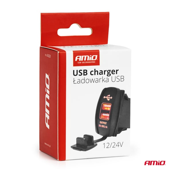 Biloplader med USB-stik, vandtæt, bådformet, 2x USB 12V 24V AMIO-04228
