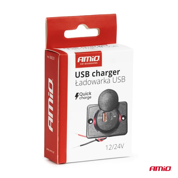 Biloplader med USB-stik vandtæt firkantet USB + USB-C QC3.0 12V 24V AMIO-04231