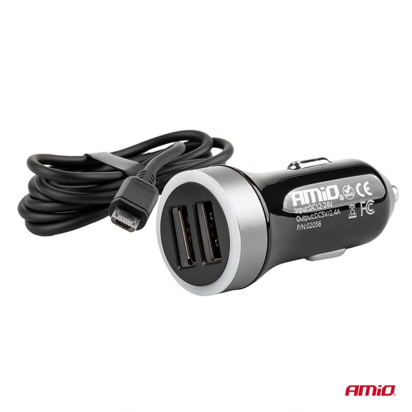 Biloplader PCH PRO-01 microUSB + 2x USB 2.4A 12V 24V AMIO-02056