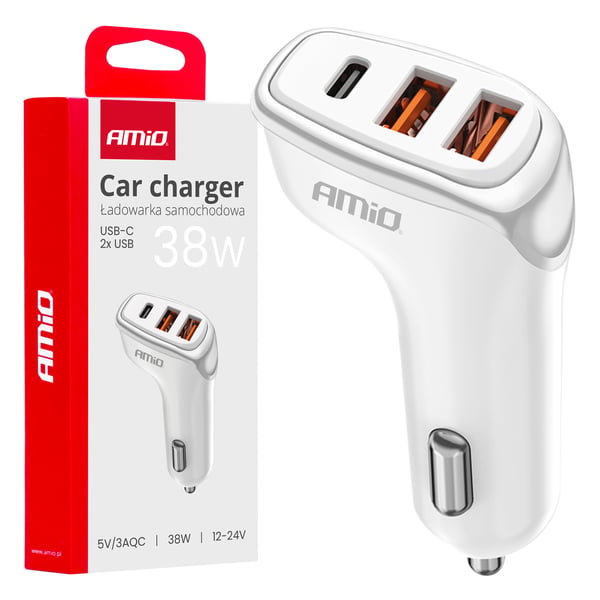 Biloplader 2x USB-A + USB-C 38W AMIO-03886