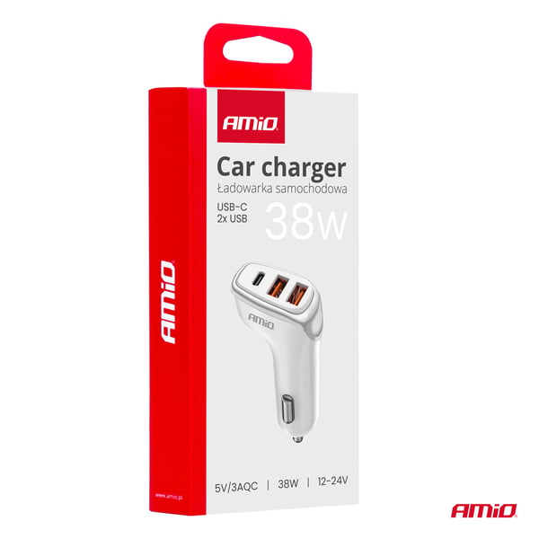 Biloplader 2x USB-A + USB-C 38W AMIO-03886