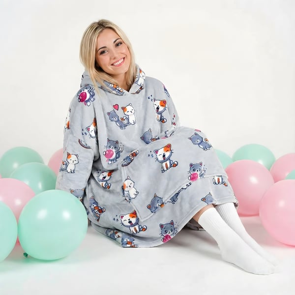 Meget blød doven badekåbe, tæppe, sweatshirt, grå katte, 100 cm