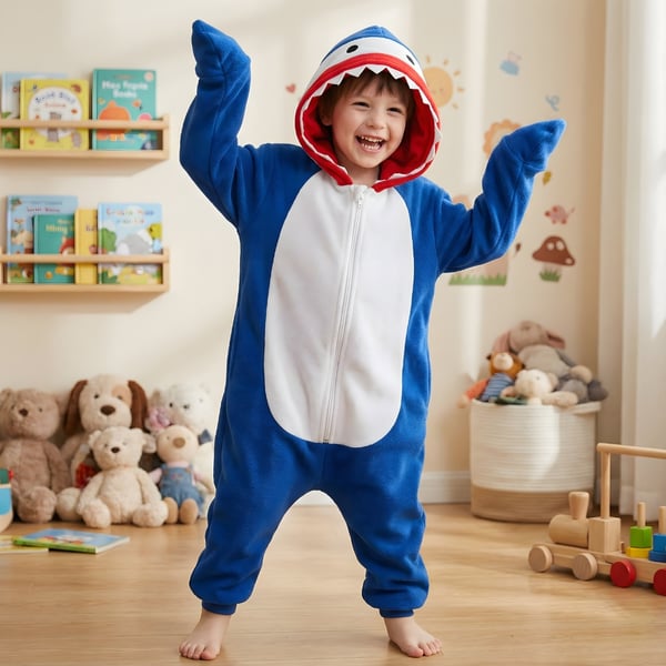 Kigurumi-pyjamas marinblå haj barn 115-125 cm