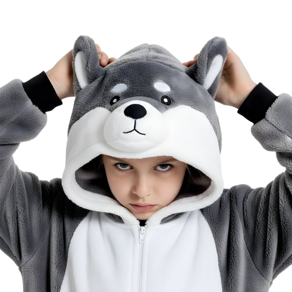Kigurumi pyjamas kostume grå husky børn 125-135cm