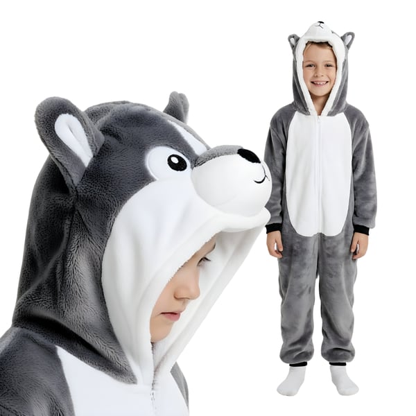 Kigurumi-pyjamas förklädnad grå husky barn 95-105 cm