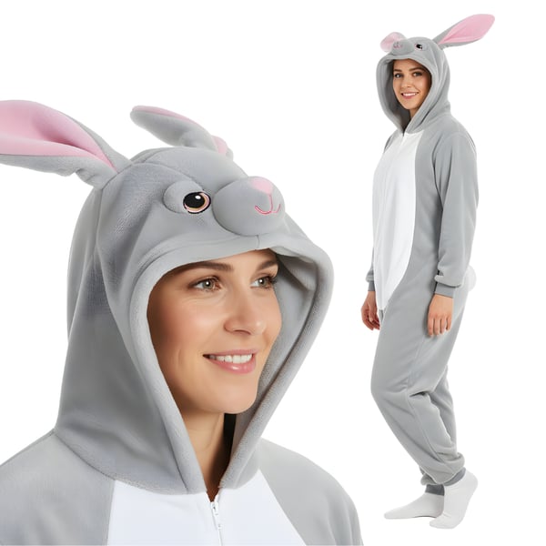 Kigurumi pyjamas kostume grå kanin XL: 175 - 185 cm