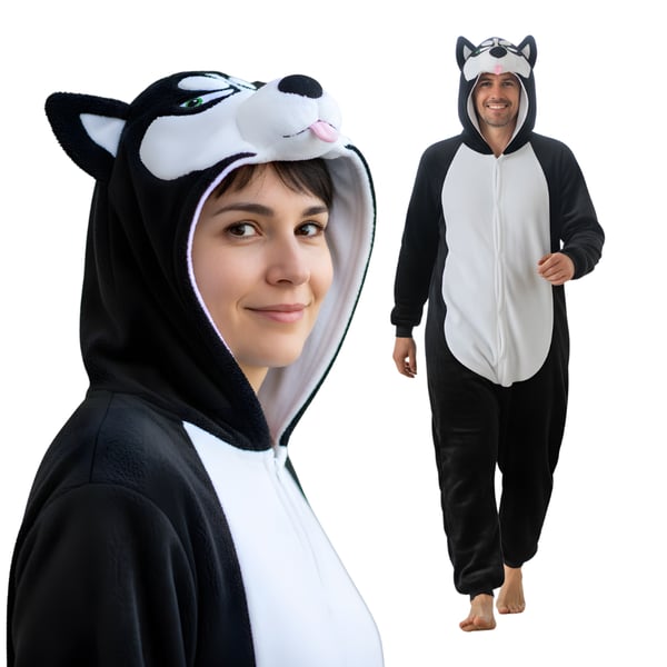 Onesie Kigurumi -pyjama-asu, musta husky, XL: 175-185 cm