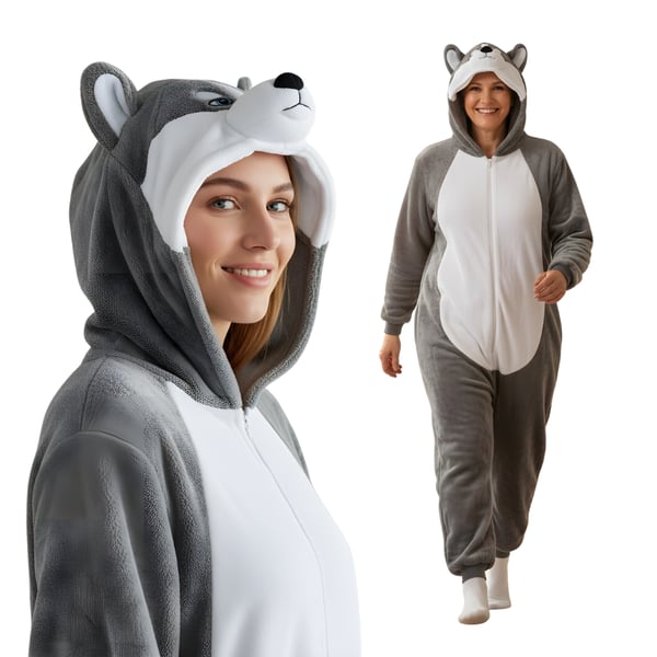 Kigurumi pyjamas kostume grå husky L: 165 - 175 cm