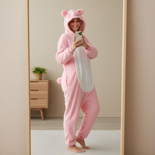 Kigurumi pyjamas kostume med pink gris XXL: 185 - 195 cm