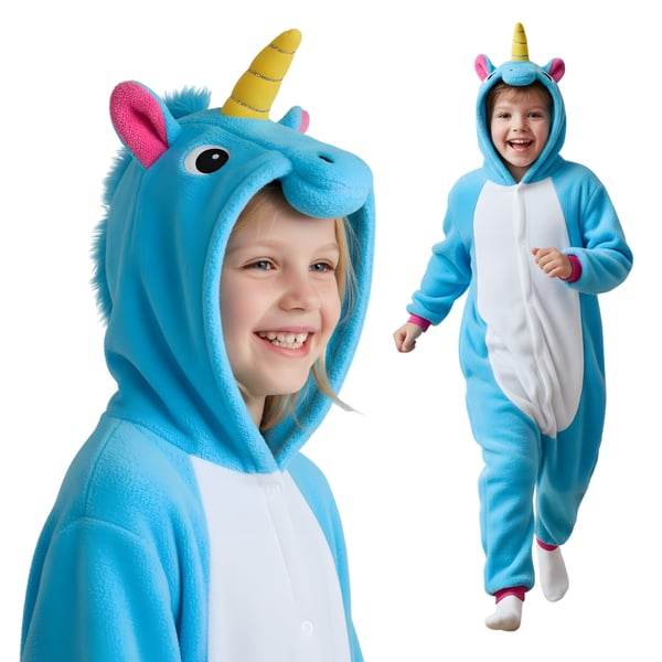 Kigurumi pyjamas kostume blå enhjørning børn 125-135cm