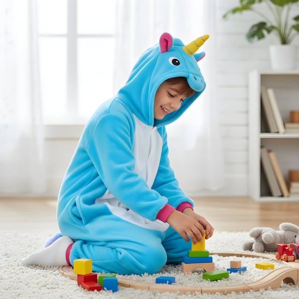 Kigurumi-pyjamas med blå enhörning för barn, 95-105 cm