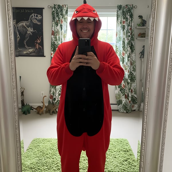 Kigurumi-pyjamas i rød dinosaur-stil, størrelse 155-165 cm