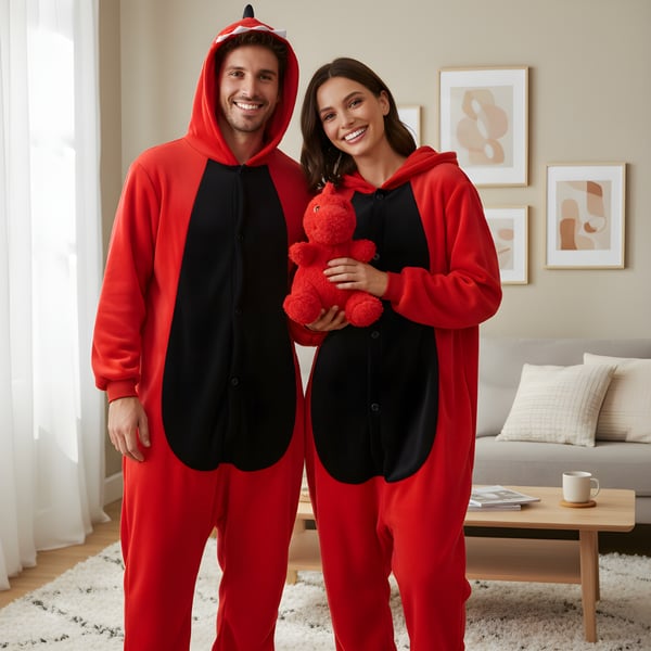 Kigurumi-pyjamas i rød dinosaur-stil, størrelse 145-155 cm