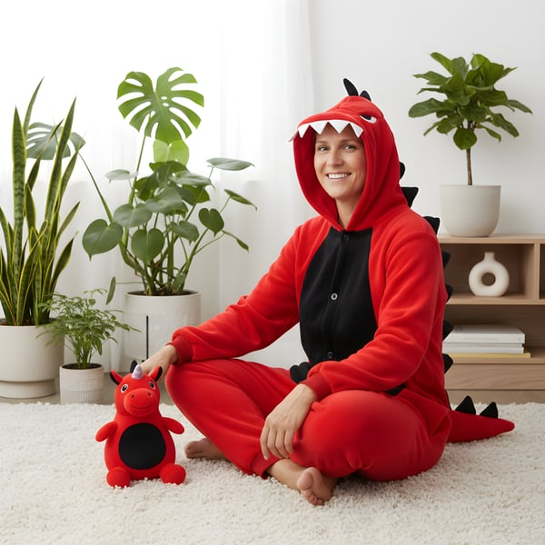 Kigurumi-pyjamas i rød dinosaur-stil, størrelse 145-155 cm