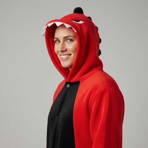 Kigurumi-pyjamas i rød dinosaur-stil, størrelse 145-155 cm