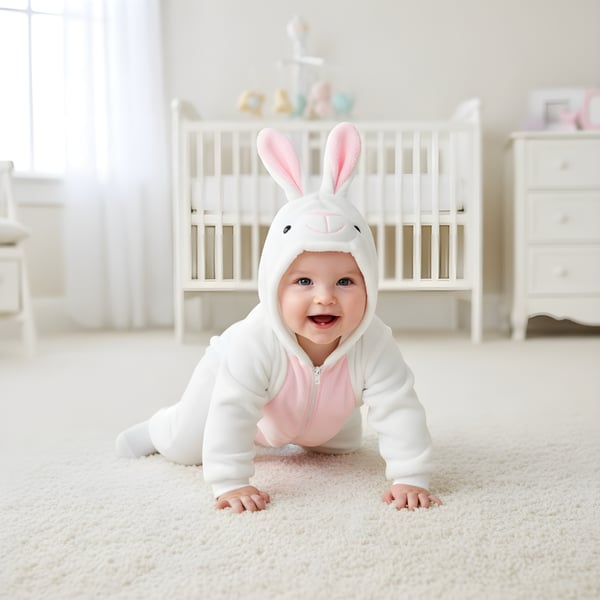 Onesie-pyjama-asu, valkoinen pupu, vauvan haalari, koko 70: 68-76 cm