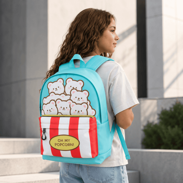 Oh My Pop! Popcorn blå skolryggsäck med ett fack 31x44x18 cm