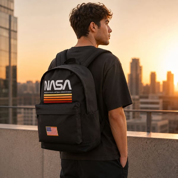 NASA Unisex skolerygsæk med flere rum, sort, 30x43x18cm
