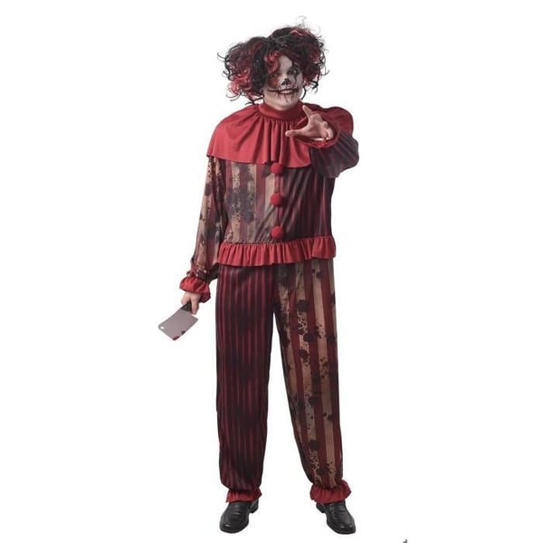 Kostym - PTITCLOWN - Diabolisk mördarklown man - Randig röd/svart/beige - Peruk, näsa, yxa - Vuxen