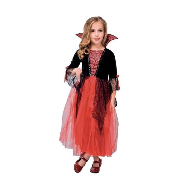 Röd vampyrflicka kostym – lång klänning och svart/röd korsett Halloween