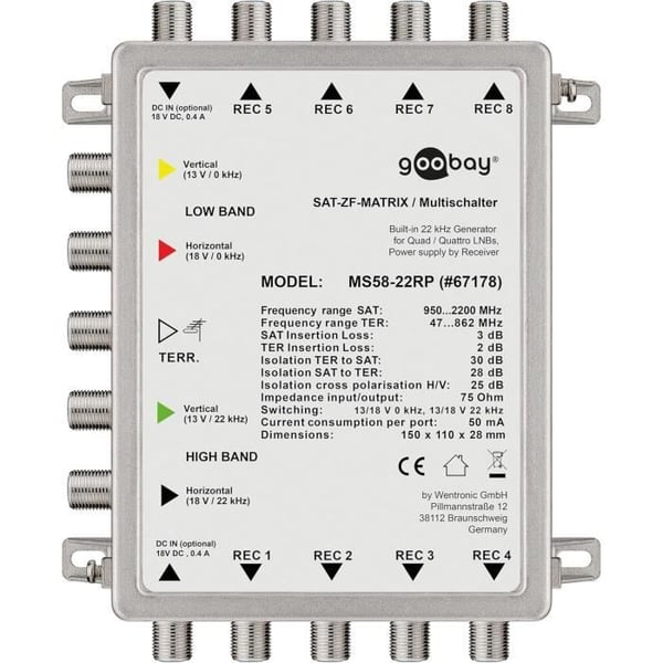 GOOBAY 67178 Passiv switch SAT 5 ingångar 8 utgångar silver svart