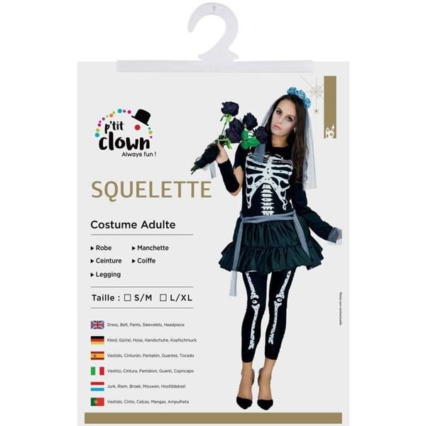 Kvinnlig kostym - LITEN CLOWN - Skelett kvinna - Polyester - Komplett (klänning, leggings, bälte) - Lätt