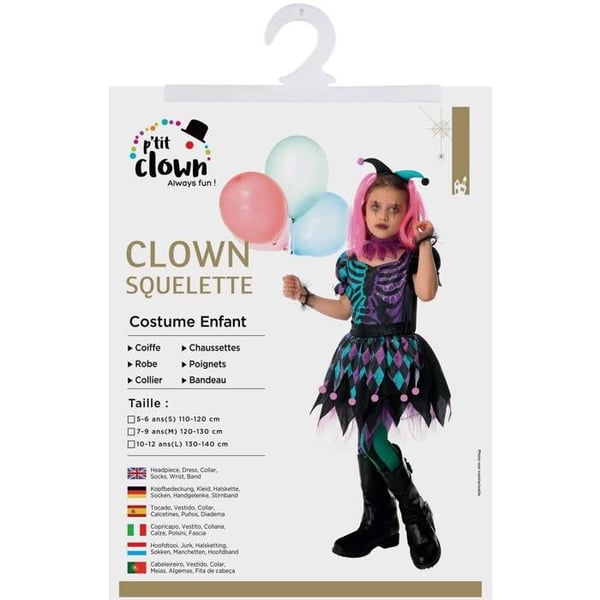Kostym - LITEN CLOWN - Skelettclown Flicka - 5-6 år - Polyester - Set med 5 delar