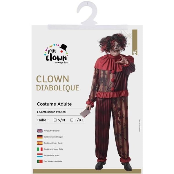 Kostym - PTITCLOWN - Diabolisk mördarklown man - Randig röd/svart/beige - Peruk, näsa, yxa - Vuxen