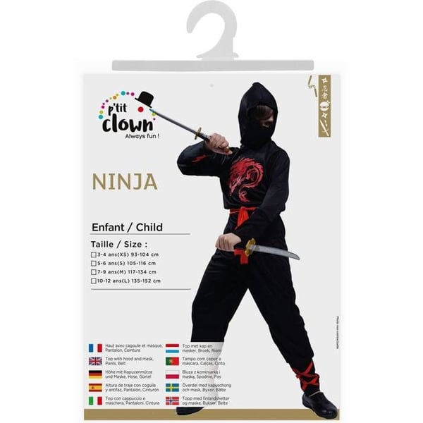 Kostym - LITEN CLOWN - Ninja - Svart och röd - Storlek 10/12 år - Unisex