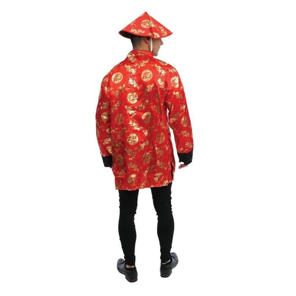 Kinesisk Kostym Man - PTIT CLOWN - Röd och Guld Kinesisk Kostym - Storlek S-M - Jacka och hatt ingår