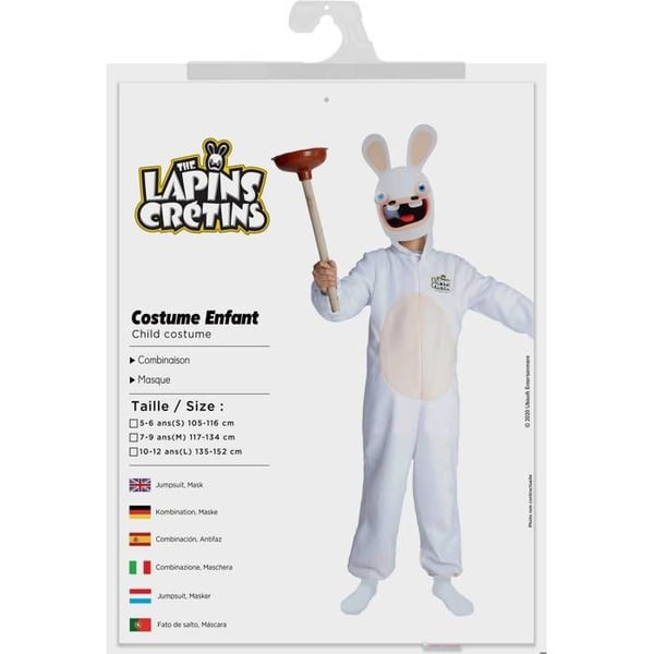 Barnkostym - LILLA CLOWNEN - Lapins Crétins™ - 5-6 år - Overall och mask ingår - Vit