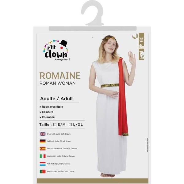 Kostym - LITEN CLOWN - Romersk Kvinna - Polyester - Vit - Klänning, sjal, krona