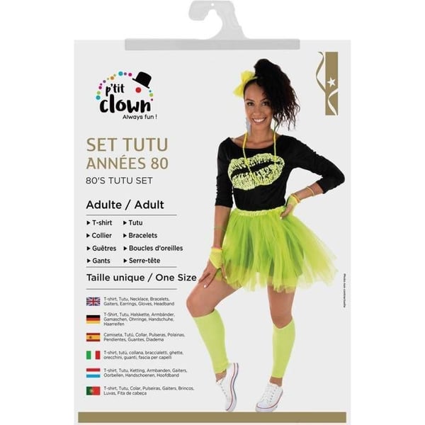 Kvinnodräkt - LITEN CLOVN - 80-tal - Fluorescerande Gul Tutu - Komplett Set - Bekväm och Färgglad