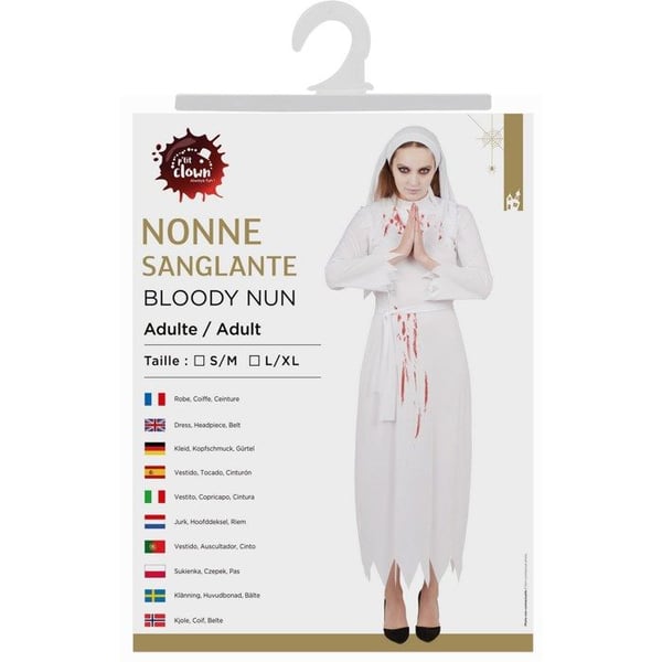 Kostym - LITEN CLOWN - Blodig vit nonna - Vit - Storlekar S/M & L/XL - Klänning, huvudbonad, bälte