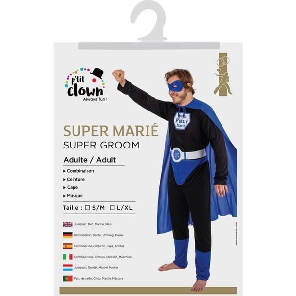 Kostym man - PTIT CLOWN - Super-brudgum - Blå och svart - Storlek L/XL (177-184 cm) - Mask och cape