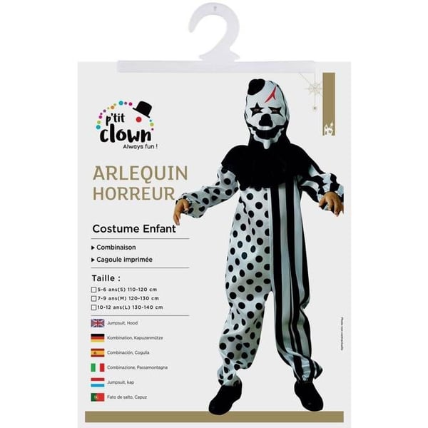Halloweenkostym barn - LITEN CLOWN - Clown Arlequin Skräck - 5-6 år - Svart och vit - Overall + huva