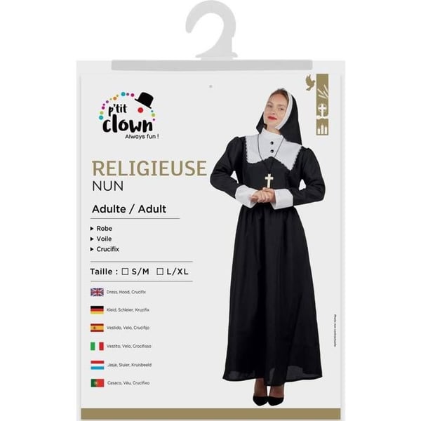 Kostym - LITEN CLOWN - religiös god syster - Storlek L-XL - Svart och vit - Klänning med slöja och kors inkluderat