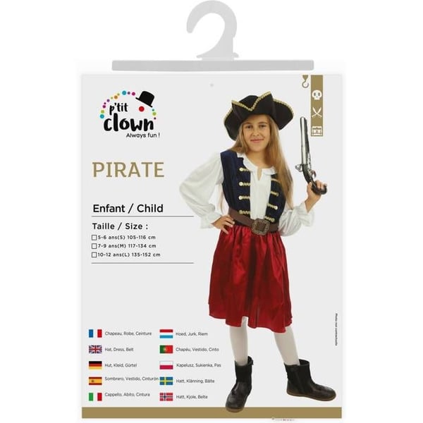 Kostym - LITEN CLOWN - Pirat Flicka - Röd - 7-9 år - Polyester