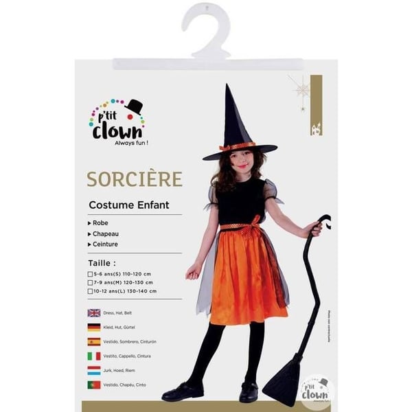 Kostym - LITEN CLOWN - Kostym Häxa Flicka - 10-12 år - Orange polyester - Klänning, hatt, bälte