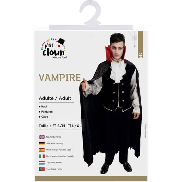 Kostym - PTITCLOWN - Dracula - Svart - Röd kappa - Linser och huggtänder ingår