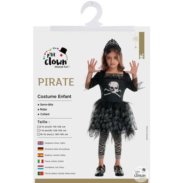 Kostym - PTITCLOWN - Pirat dödskalle (flicka) - Svart - 5 år+ - Klänning, tutu, leggings, hårband
