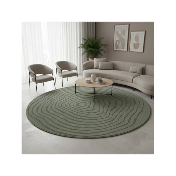 Modern rund matta med flytande relief och överlappande organiska linjer (Dimension: 160 cm rund - Färg: Grön)