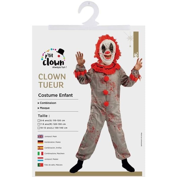 Barnkostym - PTITCLOWN - Clown - 5-6 år - Grå/Silver - Overall och mask