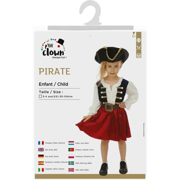 Kostym - LITEN CLOWN - Piratflicka - Röd - 3-4 år - Lätt polyester