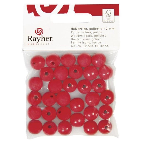 100% FSC-träpärlor, polerade, 12mm 32 stycken, röd